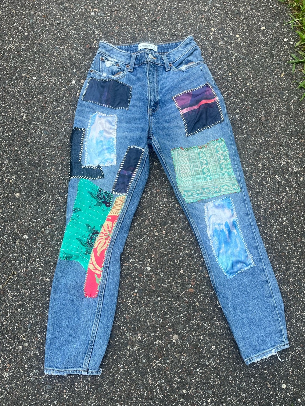 OOAK reworked Abercrombie & Fitch Blue Straight-Leg Jeans with colorful Patchwok